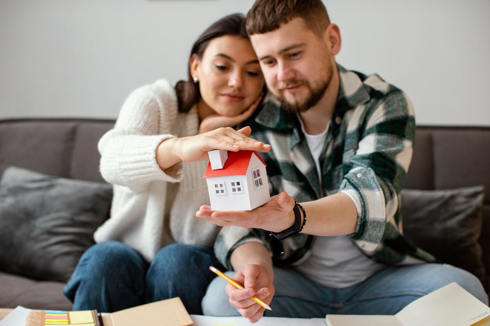 A couple holding a small house model while sitting at a table.