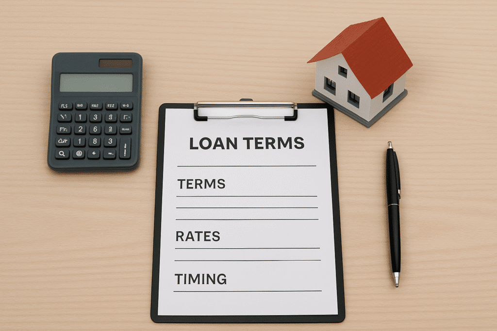 Flat-lay of hard money loan terms document with calculator, pen, and house model on a desk.